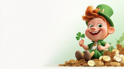 Cartoon leprechaun joyfully sitting on a pile of gold coins while holding a shamrock