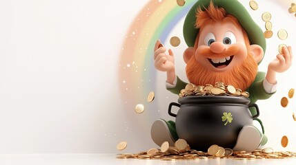 Cheerful leprechaun enjoying coins from a black pot under a colorful rainbow in a festive atmosphere
