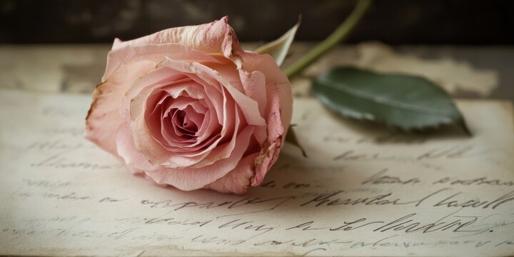 Pink Rose Resting on Antique Handwritten Letter