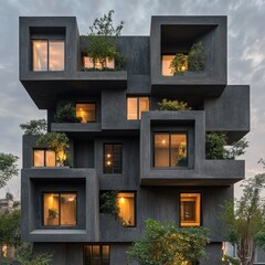 Modern dark gray apartment building with protruding cube-shaped balconies and illuminated windows...