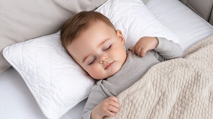 Cute baby resting comfortably on a white pillow, wrapped in a light gray and beige blanket, creating a tranquil bedroom atmosphere.