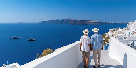 A scenic travel shot of an older couple standing hand in hand, overlooking the iconic white and blue architecture of Santorini