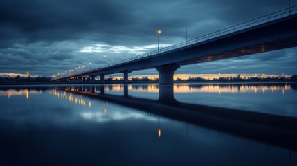 Illuminated Urban Bridge with Moody Reflections at Dusk
