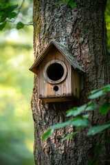 Wooden birdhouse nestled in a thick tree trunk blending seamlessly with its natural surroundings