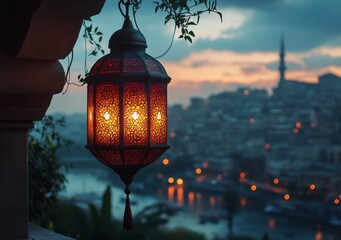 Lantern illuminates skyline at dusk in a vibrant urban setting with glowing city lights