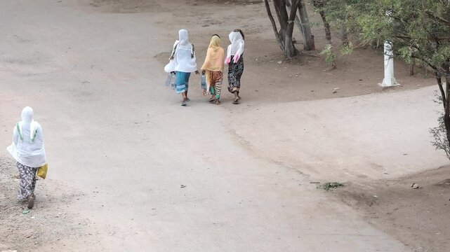 Street scene of people walking in Dire Dawa, Ethiopia, high angle view.