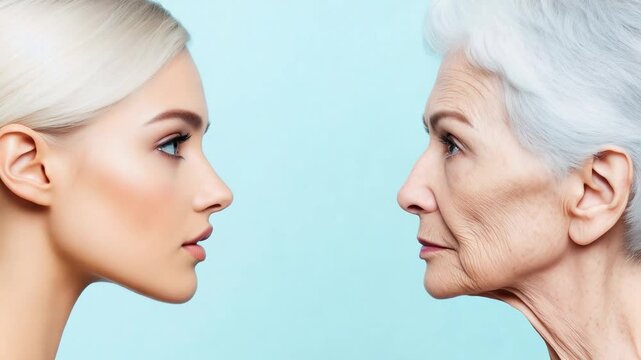 Young blonde woman looking at her older self, representing concept of aging and facial skincare over blue studio background