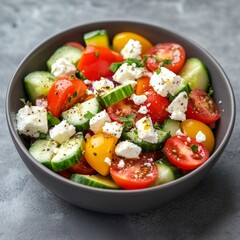 Fresh cucumber and tomato salad with feta served in a bowl on a gray background