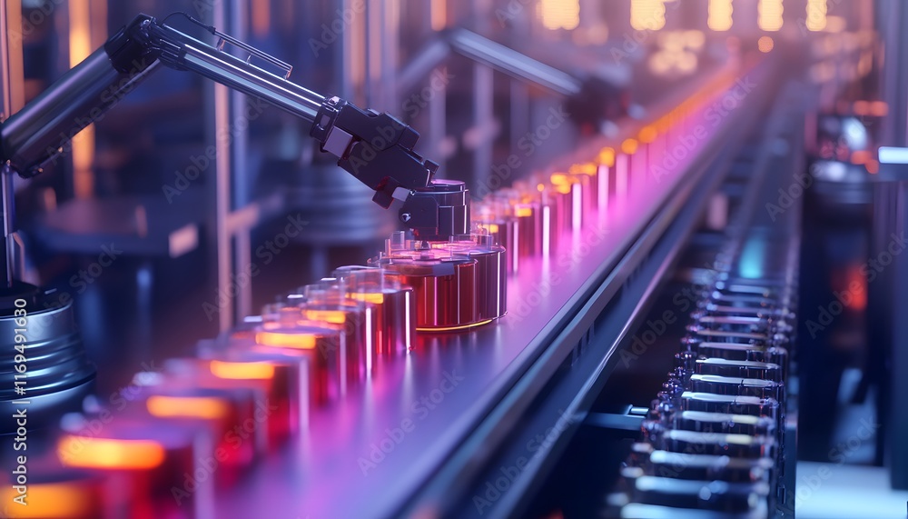 Poster a modern factory showcases an automated production line with robotic arms efficiently moving brightl