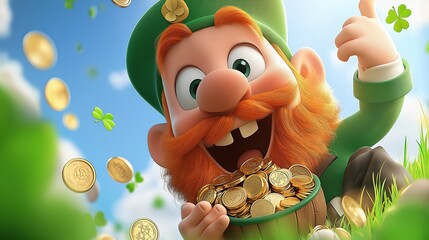 Playful leprechaun joyfully tossing gold coins in a vibrant green field under a bright blue sky