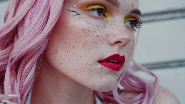 Close-Up of Tattooed Woman with Pink Hair