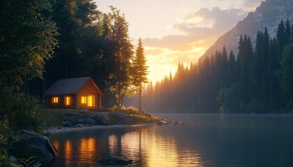 Fototapeta premium An isolated cabin by the lake glows softly under the first rays sunrise.