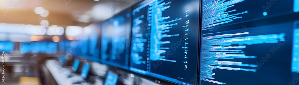 Poster a modern workspace showcasing multiple high-resolution screens displaying complex code, reflecting t