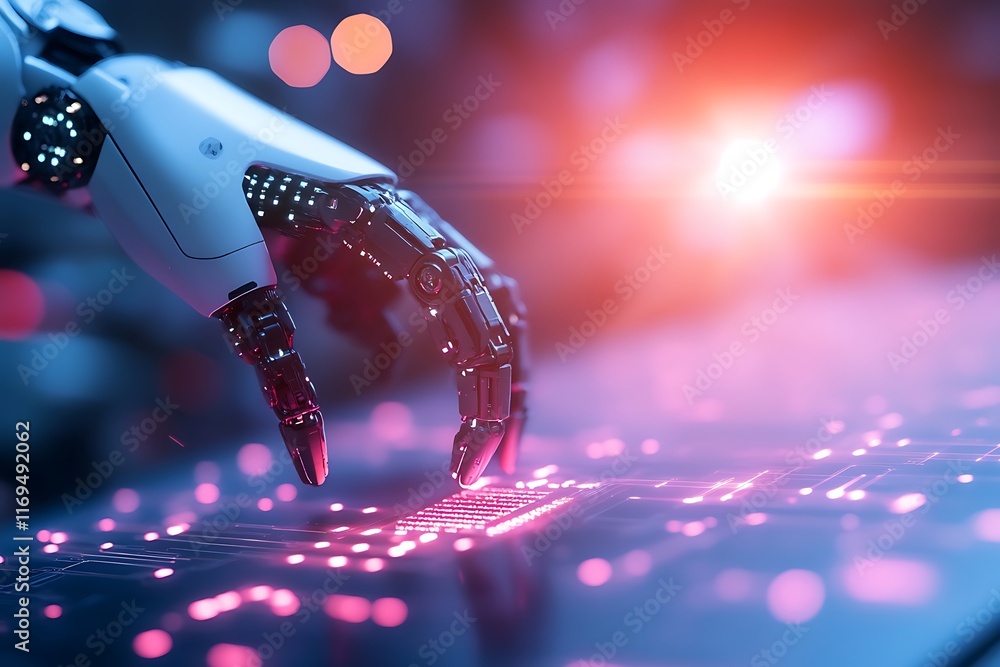 Poster robotic hand interacting with digital interface.