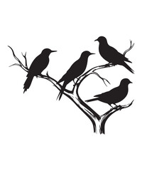 Detailed Woodland Bird Silhouettes Perched on White Background