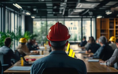 A professional meeting in an office setting featuring a worker in a safety helmet, focusing on teamwork and collaboration in the construction or engineering industry.