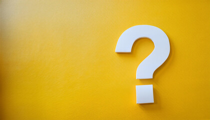 White question mark symbol on yellow background. FAQ and QA. Problem solution.