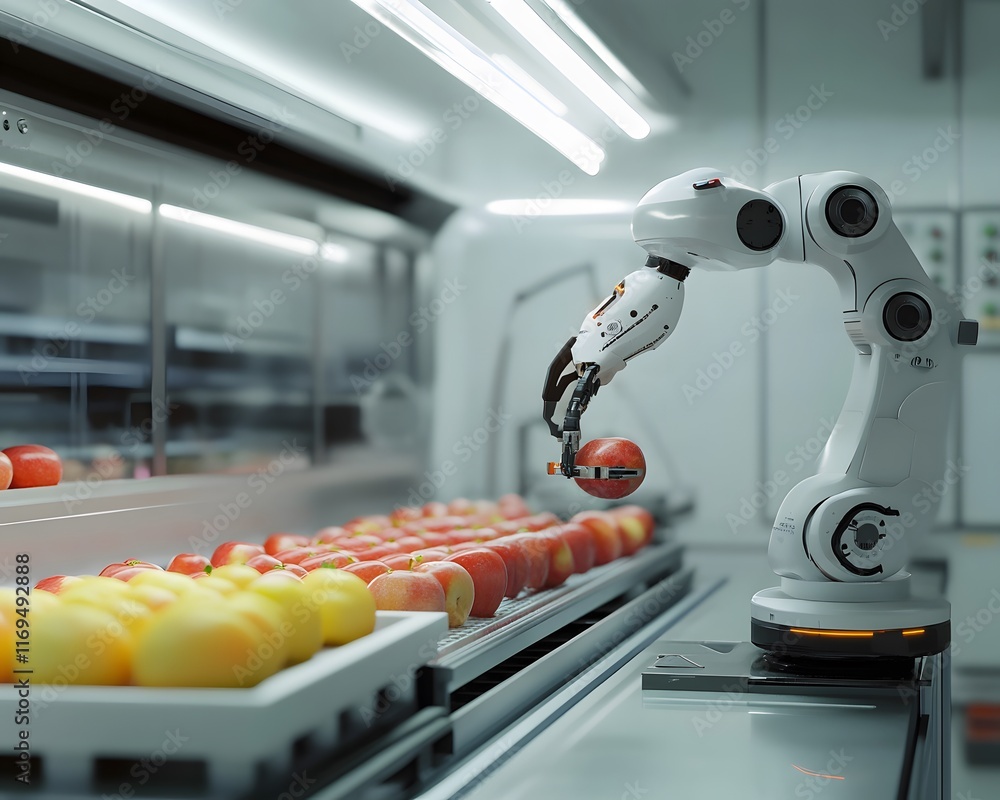 Poster a sophisticated robotic arm efficiently sorting and handling apples in a high-tech production facili