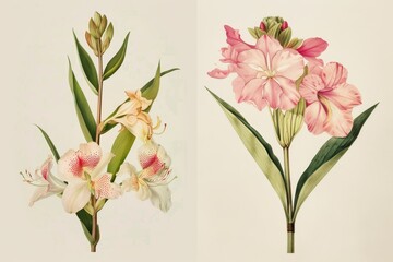 Beautiful botanical illustration showcasing delicate white and pink flowers with lush green leaves in intricate detail