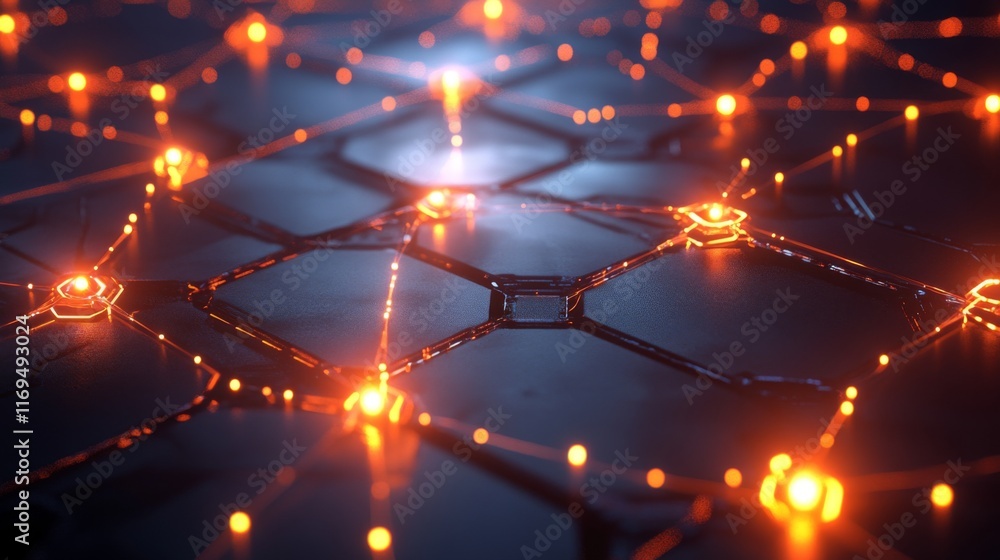 Poster abstract glowing network on dark hexagonal surface.