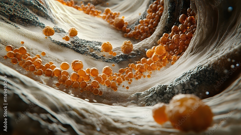 Poster a stunning abstract representation of cellular structures, showcasing orange spheres flowing through