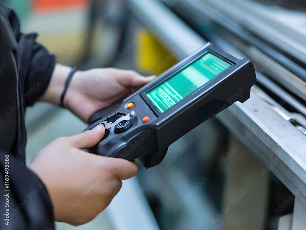 Aufkleber a technician operates a handheld control device in a modern industrial setting, showcasing the integ