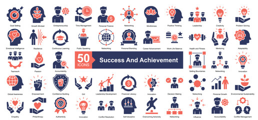 Success and Achievement Icon Collection Set.Containing goal setting, growth mindset, entrepreneurship, time management, personal finance icon. Simple dual tone style Vector Illustration.