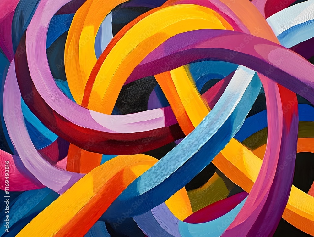 Poster a vibrant abstract painting featuring intertwining colorful ribbons, creating a dynamic visual exper