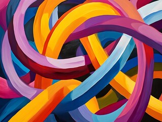 A vibrant abstract painting featuring intertwining colorful ribbons, creating a dynamic visual experience that captivates with its energy and movement.