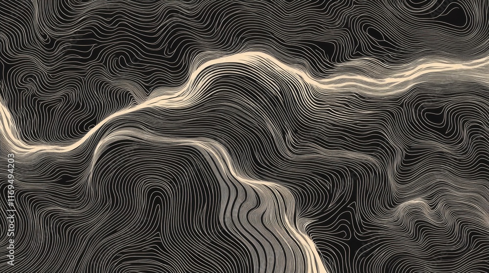 Poster abstract topographic map design with beige and black lines on dark background.