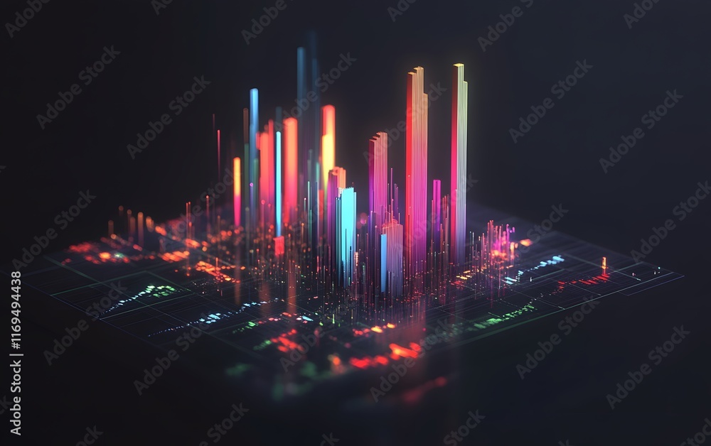 Poster a vibrant digital visualization of data represented by colorful bars. this futuristic imagery symbol