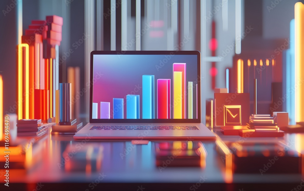 Poster a vibrant digital workspace featuring a laptop with colorful bar graphs displaying data insights