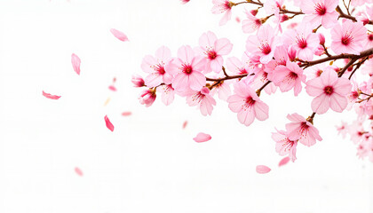 Cherry blossom branch with pink flowers against white background