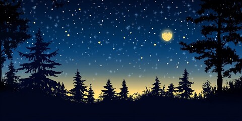 Naklejka premium Nighttime Forest Scene with Full Moon and Stars