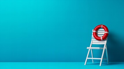 Red life preserver hanging on a white chair against a teal background. Summer safety and relaxation concept.