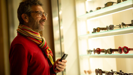 Man holding smartphone while admiring eyewear display in store window