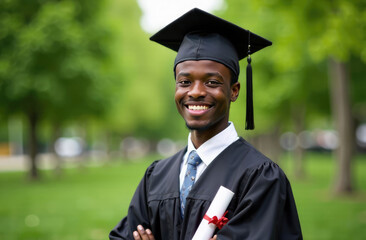 Graduation concept. Happy graduate smiling on solid background. Young afroamerican man in black graduation hat with tassel and robe. Copy space