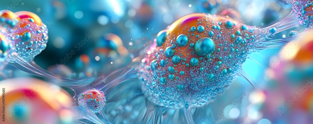Poster an intricate close-up of colorful cells with bubbles, showcasing the beauty of microscopic life. thi