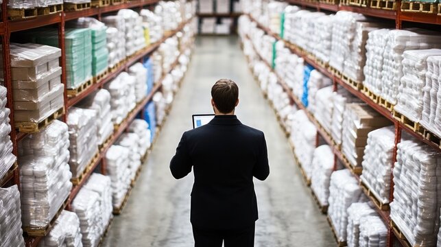 Warehouse Inventory Management: A Businessman Reviews Stock Levels in a Large Distribution Center