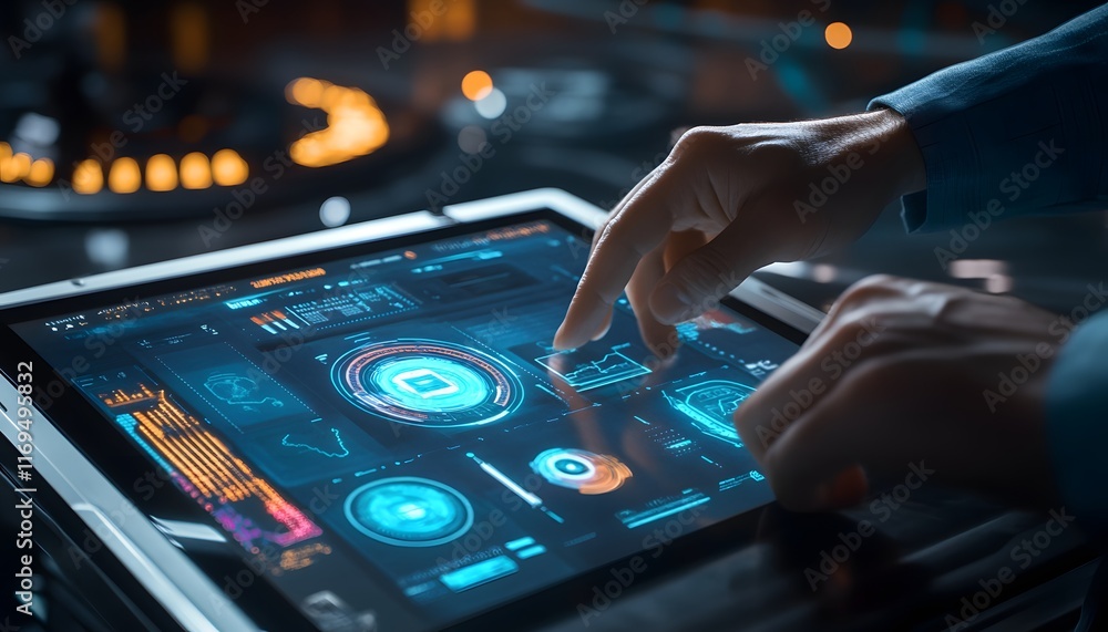 Poster close-up of a hand interacting with a futuristic digital interface on a tablet, showcasing advanced 