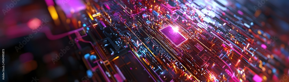 Poster close-up view of a vibrant, futuristic circuit board showcasing colorful lights and intricate patter