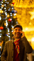 Obraz premium Man laughing on phone near Christmas tree with glowing lights