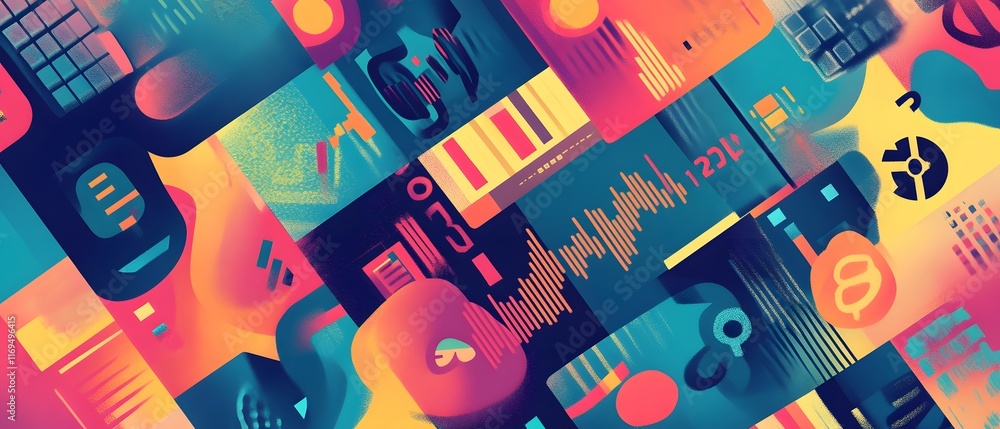 Poster vibrant abstract composition featuring colorful shapes, data visualization elements, and dynamic pat