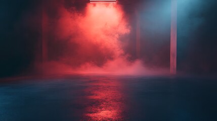 Obraz premium Red and blue neon light illuminates a smoky, empty room with a concrete floor.