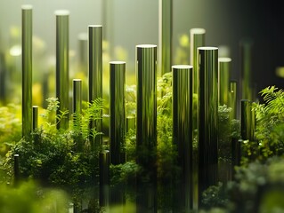 A captivating blend of greenery and metallic elements, showcasing vibrant plant life intertwined with reflective, cylindrical structures, creating a harmonious fusion of nature and