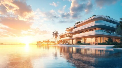 Fototapeta premium Scenic Luxury Residences with Waterfront Views at Sunset