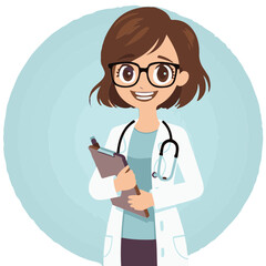 Cartoon female doctor holding clipboard and taking notes.
