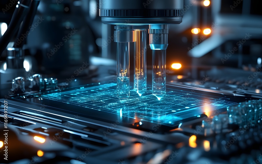 Poster a close-up view of a futuristic microscope examining samples on a digital circuit board, showcasing 