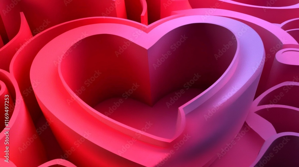 Poster heart crafted from layered paper in shades of red and pink showcasing intricate textures and pattern