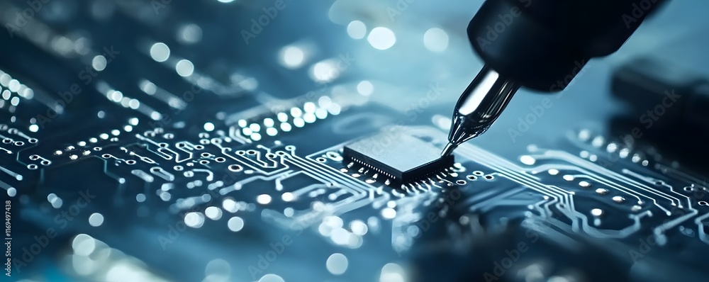 Poster a close-up view of a precision pen touching a microchip on a circuit board, showcasing the intricaci